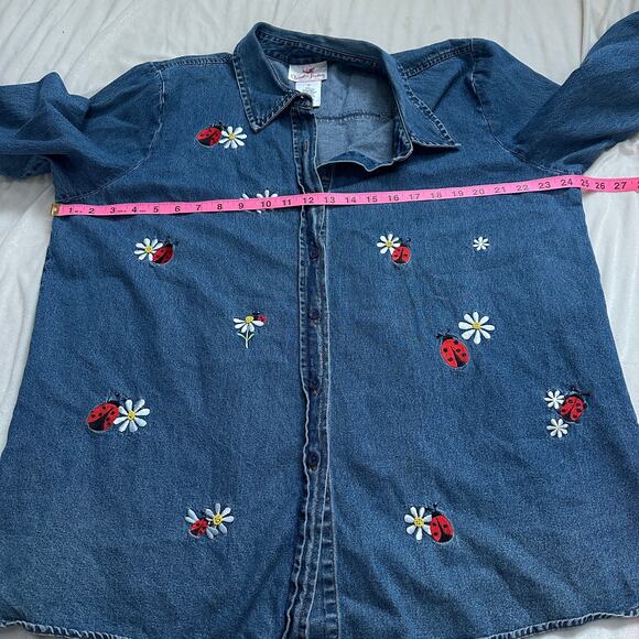 Rare Quacker Factory women's 1x denim button-up shirt embroidered ladybugs - Picture 3 of 12